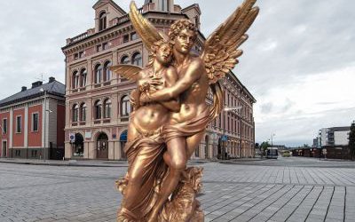 廣場戶外玻璃鋼仿銅情侶愛神雕塑