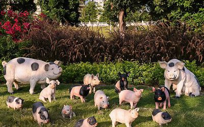 景區動物園擺放一群玻璃鋼彩繪豬雕塑