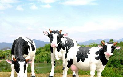 戶(hù)外池塘三只玻璃鋼仿真奶牛雕塑